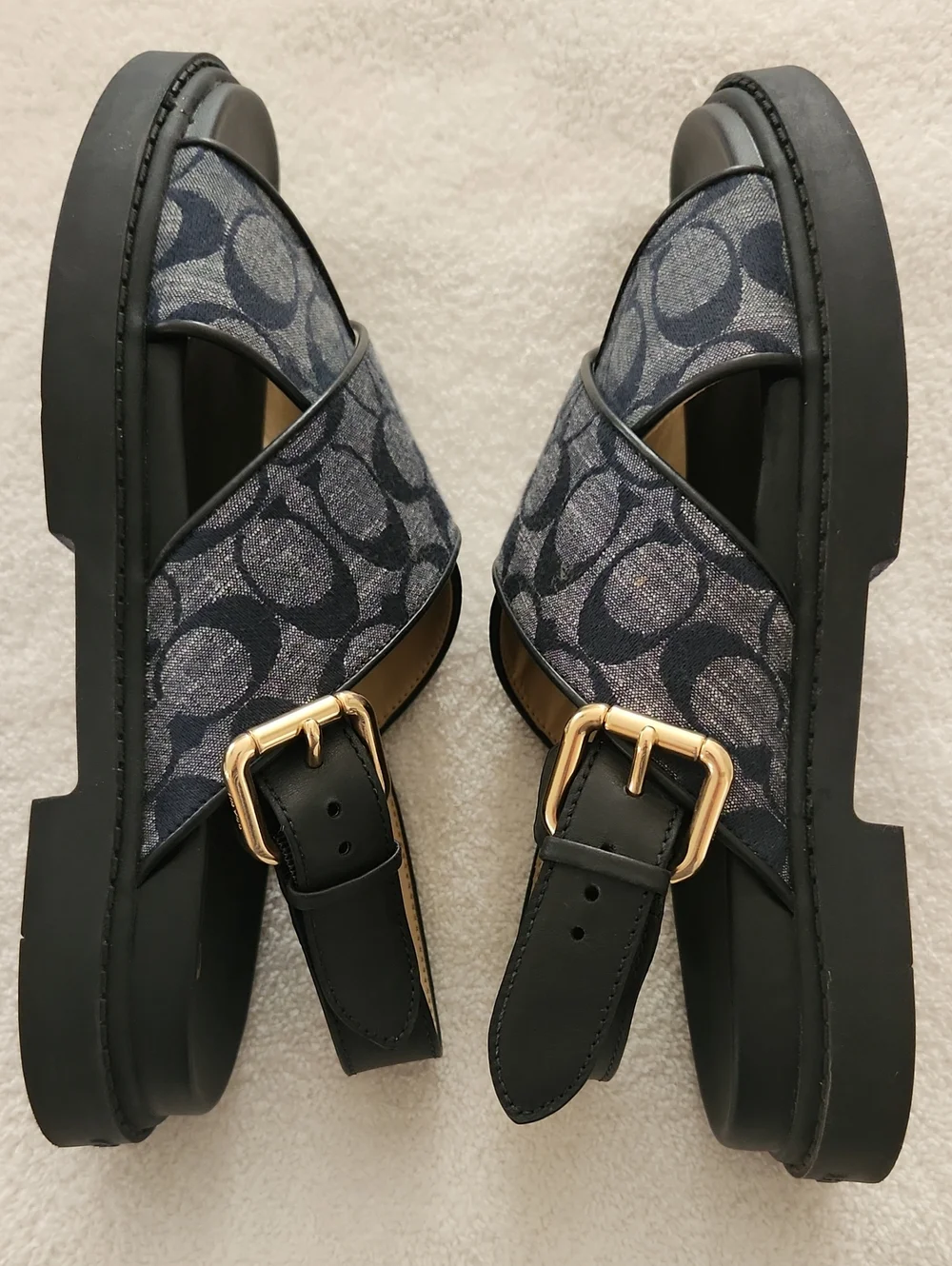 Coach Fraser Navy Chambray Strap Sandals with Gold Buckles Size 8. Worn Once!